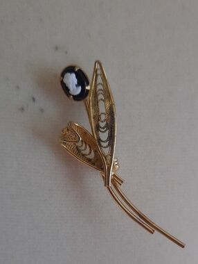 Gold-Tone Floral Cameo Brooch in Black and White